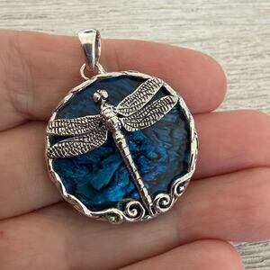 Sterling Silver Dragonfly Medallion Pendant With Blue Abalone Shell